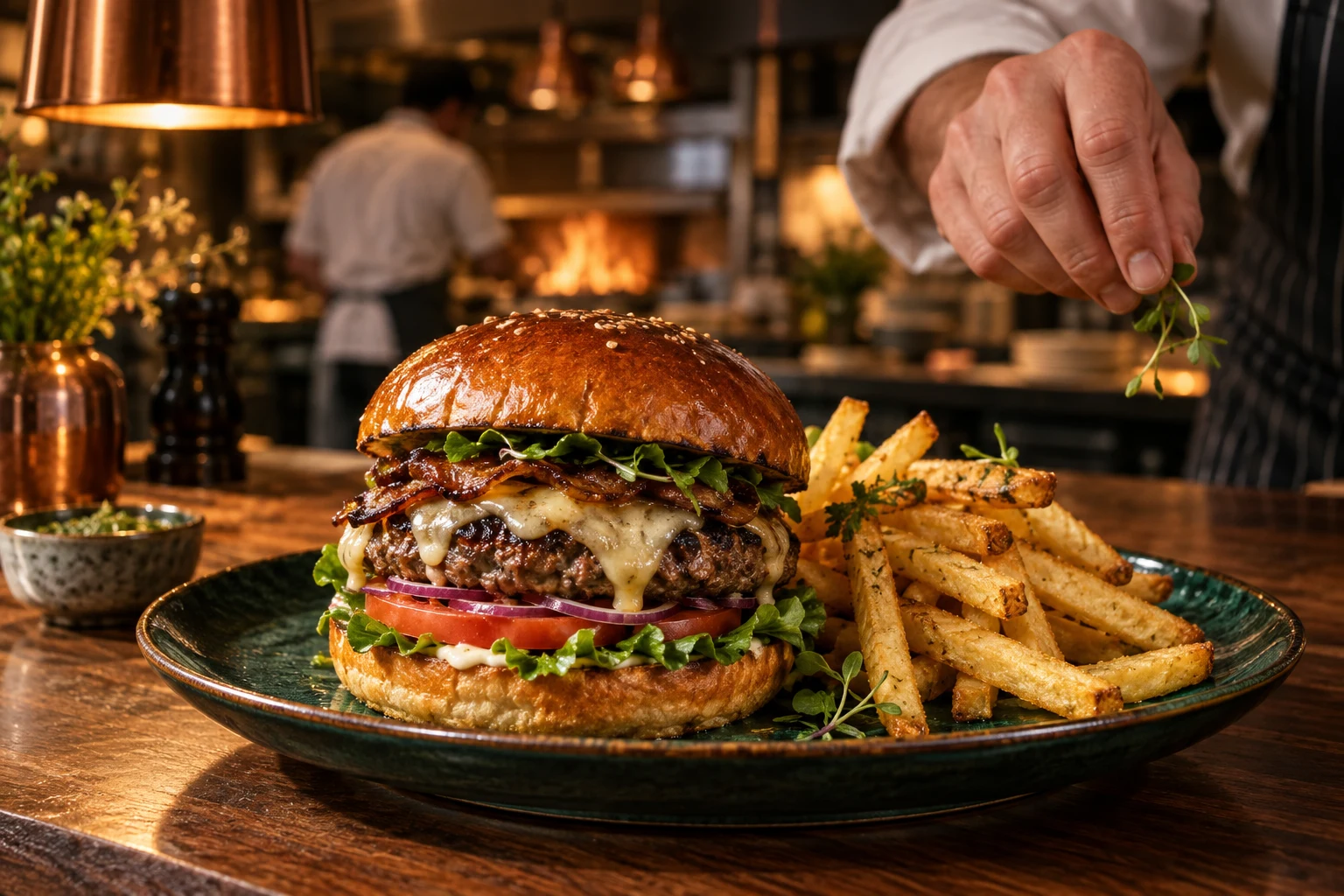Hamburguesa artesanal con papas, preparada en una cocina de restaurante